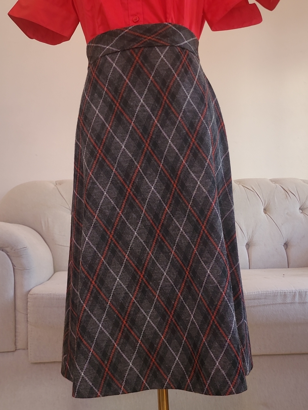 Classic Gray Plaid A-Line Skirt - Red Accent